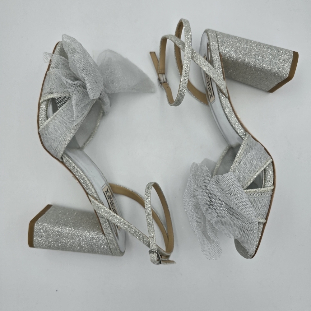 Badgley Mischka Tess Block Heel Sandals with Mesh Poof Bow, Silver Metallic, 6 - Picture 15 of 16